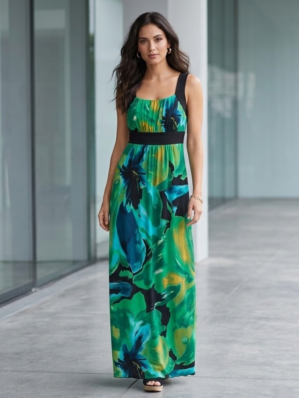 Enfocus Studio Green and Blue Floral Maxi Dress with Black Accents